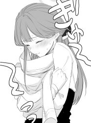 Rule 34 | 1girl, aru (blue archive), blue archive, blush, closed eyes, closed mouth, demon horns, ear blush, greyscale, halo, highres, holding, holding clothes, horns, hugging object, inotukuhito, long hair, long sleeves, monochrome, shirt, solo, sweat, translation request, upper body