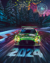 Rule 34 | absurdres, andrew mytro, car, commentary, english commentary, fireworks, getspeed performance, glowing, gran turismo, highres, intercontinental gt challenge, mercedes-benz, mercedes-benz amg gt, motion blur, motor vehicle, night, no humans, nurburgring, official art, promotional art, race vehicle, racecar, spoiler (automobile), sponsor, tree, vehicle focus