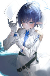 Rule 34 | 1girl, aoi (blue archive), blue archive, blue hair, blue necktie, copyright request, flying paper, gloves, halo, highres, kangshi, long sleeves, mole, mole under eye, necktie, paper, pointy ears, short hair, white gloves
