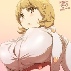 Rule 34 | 10s, 1girl, :o, afrostar, blush, breasts, brown background, brown eyes, brown hair, dated, covered erect nipples, from below, hair ornament, highres, huge breasts, looking down, matching hair/eyes, narusawa ryouka, occultic;nine, parted lips, short hair, simple background, solo, upper body