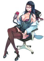 Rule 34 | 1girl, artificial vagina, black hair, blue eyes, blunt bangs, blush, body blush, breasts, chair, choker, cleavage, collarbone, crossed legs, doctor, f.s., feet, garter straps, glasses, grin, high heels, highres, hime cut, knee blush, lab coat, large breasts, lingerie, long hair, looking at viewer, nail polish, nose blush, original, pink lips, pink nails, sex toy, shoes, single shoe, skirt, smile, smug, solo, thighhighs, unbuttoned, underwear, vest