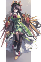 Rule 34 | 1girl, bare shoulders, black gloves, black hair, black thighhighs, breasts, clock, closed mouth, crescent, dress, elbow gloves, frills, full body, fur trim, gears, gloves, green dress, green eyes, hair ornament, hat, head tilt, highres, holding, huanxiang huifeng, long hair, mechanical wings, puzzle &amp; dragons, smirk, solo, sun symbol, thighhighs, verdandi (p&amp;d), very long hair, wings