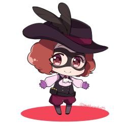 Rule 34 | 10s, 1girl, ascot, bandolier, black pantyhose, brown eyes, brown hair, chibi, do m kaeru, domino mask, gloves, hat, hat feather, mask, okumura haru, outstretched arms, pantyhose, persona, persona 5, purple gloves, solo, twitter username, vest
