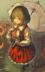 Rule 34 | 1girl, absurdres, closed mouth, collared shirt, dated, from above, green hair, highres, holding, holding umbrella, hua ha jiazi, kazami yuuka, long sleeves, red eyes, red skirt, red vest, shirt, short hair, signature, skirt, solo, touhou, umbrella, vest, white shirt