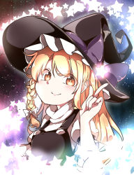 Rule 34 | 1girl, black hat, blonde hair, bow, braid, closed mouth, eyes visible through hair, fingernails, gokuu (acoloredpencil), hair bow, hat, hat bow, highres, kirisame marisa, long hair, looking at viewer, orange eyes, purple bow, side braid, smile, solo, star (symbol), touhou, turtleneck, upper body, white bow, witch hat