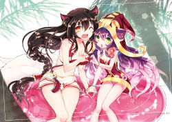 Rule 34 | 2girls, adapted costume, ahri (league of legends), animal ears, artist name, bare shoulders, black hair, bracelet, breasts, cleavage, fang, flower, fox ears, fox tail, green eyes, hat, heart, heart hands, heart hands duo, holding hands, jewelry, joypyonn, league of legends, long hair, looking at viewer, lulu (league of legends), medium breasts, multiple girls, multiple tails, navel, one eye closed, open mouth, orange eyes, panties, purple hair, sitting, small breasts, striped clothes, striped panties, tail, underwear, wink, witch hat, yordle