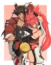 Rule 34 | 1boy, 1girl, absurdres, amputee, angry, baiken, bell, bound, bound together, breasts, brown hair, cleavage, collarbone, commentary, dark-skinned male, dark skin, english commentary, eyepatch, facial tattoo, fang, guilty gear, guilty gear strive, headband, height difference, highres, jacket, japanese clothes, jingle bell, kataginu, large breasts, long hair, no bra, obi, one-eyed, oversized object, patsky bebop, pectorals, pink eyes, pink hair, ponytail, red headband, red jacket, rope, sash, scar, scar across eye, sleeves pushed up, sol badguy, spiked hair, tattoo, teeth, tied up (nonsexual), very long hair, you&#039;re doing it wrong