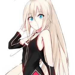 Rule 34 | 1girl, alternate hairstyle, black dress, blue eyes, blush, braid, cevio, collar, commentary, dress, hair between eyes, hand in own hair, hand up, ia (vocaloid), lifrene, long hair, long sleeves, looking at viewer, off-shoulder dress, off shoulder, pink skirt, platinum blonde hair, ponytail, skirt, smile, solo, upper body, very long hair, vocaloid