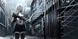 Rule 34 | 1girl, absurdres, backpack, bag, black skirt, black thighhighs, breasts, chain-link fence, chinese commentary, cityscape, commentary request, corpse, fence, finger on trigger, grey eyes, grey jacket, gun, hair ornament, hairclip, highres, holding, holding gun, holding weapon, jacket, lemtun, long hair, miniskirt, open clothes, open jacket, original, parted lips, shirt, sidelocks, skirt, small breasts, snow, solo, standing, thighhighs, variant set, weapon, white hair, white shirt, zettai ryouiki