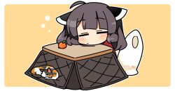 1girl ahoge blush border brown_hair calico_cat cat closed_eyes closed_mouth food fruit headgear ini_(inunabe00) kiritanpo_(food) kotatsu mandarin_orange outline short_hair simple_background sleeping solo squeans table touhoku_kiritan under_kotatsu under_table voiceroid white_border white_outline yellow_background