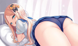 Rule 34 | 1girl, abigail williams (fate), ass, black bow, blonde hair, blue eyes, blue panties, blue skirt, bow, breasts, commentary, curtains, fate/grand order, fate (series), forehead, hair bow, long hair, looking back, lying, milkshakework, multiple bows, on bed, on stomach, open mouth, orange bow, panties, parted bangs, pleated skirt, polka dot, polka dot bow, sailor collar, shirt, short sleeves, skirt, small breasts, thighs, underwear, white shirt