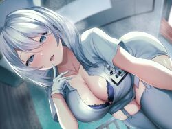 Rule 34 | 1girl, blue eyes, blush, bra, bra peek, breasts, ceiling, cleavage, collarbone, dress, garter straps, gloves, grey hair, grey thighhighs, highres, index finger raised, indoors, infirmary, large breasts, long hair, looking at viewer, name tag, niyasuke (yama), non-web source, nurse, open clothes, open mouth, open shirt, original, purple bra, short sleeves, solo, steam, teeth, thighhighs, underwear, upper teeth only, white dress, zettai ryouiki