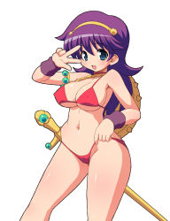 Rule 34 | 1girl, athena: full throttle, athena (series), bikini, blue eyes, breasts, cleavage, covered erect nipples, highres, large breasts, long hair, open mouth, princess athena, pubic hair, purple hair, red bikini, shield, shishimaru ken&#039;ya, smile, snk, swimsuit, sword, thighhighs, thighs, underboob, v, weapon, wristband