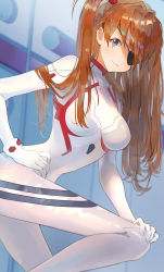 Rule 34 | 1girl, artist request, blue eyes, blush, bodysuit, breasts, brown hair, cowboy shot, evangelion: 3.0+1.0 thrice upon a time, eyepatch, gloves, hair ornament, hand on own hip, highres, interface headset, long hair, looking at viewer, medium breasts, neon genesis evangelion, one eye covered, plugsuit, rebuild of evangelion, shiny clothes, skin tight, smile, solo, souryuu asuka langley, twintails, two side up, very long hair, white bodysuit, white gloves