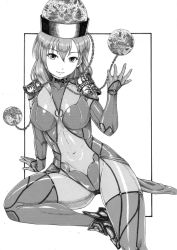 Rule 34 | 1girl, armor, bodysuit, breasts, chain, commentary request, cosplay, covered navel, earth (planet), fate/grand order, fate (series), greyscale, hair between eyes, hand up, hat, hecatia lapislazuli, kudou (ooabareteng), large breasts, light smile, looking at viewer, monochrome, moon, pauldrons, planet, scathach (fate), scathach (fate) (cosplay), shoulder armor, sitting, skin tight, solo, thighhighs, touhou, traditional media