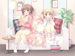 Rule 34 | &gt; &lt;, 2girls, :d, :o, ahoge, blanket, blonde hair, blue eyes, blush, book, book stack, bow, breasts, brown eyes, brown hair, cleavage, closed eyes, constellation, copyright request, couch, coughing, cup, cushion, fish, flower, frilled legwear, frills, full body, glasses, hair bow, hair ribbon, head tilt, highres, holding, holding cup, hood, hoodie, indoors, jewelry, knees together feet apart, long hair, medium breasts, mug, multiple girls, necklace, no shoes, open book, open mouth, pan (mimi), pillow, pink ribbon, plant, polka dot, polka dot legwear, pom pom (clothes), ponytail, portrait (object), potted plant, rabbit, red-framed eyewear, ribbon, shirt, short hair, sitting, sleeves past wrists, smile, socks, steam, striped clothes, striped legwear, striped socks, table, two side up, unworn eyewear, white legwear, white shirt, window