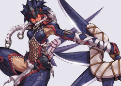 Rule 34 | 1girl, armor, artist request, capcom, dual wielding, evil, fishnets, gloves, glowing, glowing eyes, helmet, holding, long hair, midriff, monster hunter (series), nargacuga (armor), navel, red eyes, solo, thighhighs, weapon, white hair