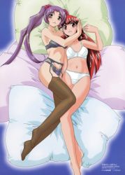 Rule 34 | 00s, 2girls, bed, blush, bra, breasts, brown legwear, from above, garter belt, garter straps, hair tubes, hand on another&#039;s head, head tilt, kingyo no ran, kobayashi takashi, lace, light smile, lingerie, long hair, looking at viewer, lying, megami magazine, multiple girls, navel, official art, on back, on side, outline, panties, pillow, plantar flexion, purple bra, purple hair, purple panties, red eyes, red hair, small breasts, smile, sparkle, strapless, strapless bra, tenshi no shippo, tenshi no shippo chu!, thighhighs, twintails, underwear, underwear only, usagi no mika, very long hair, white bra, white panties, yuri