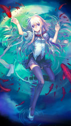 Rule 34 | 1girl, blonde hair, blue eyes, female focus, fish, full body, kishiyo, koi, long hair, lying, moon, partially submerged, shoes, solo, thighhighs, water, youth-bloom