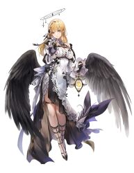 Rule 34 | 1girl, black nails, black wings, blush, breasts, closed mouth, dress, earrings, elbow gloves, feathered wings, fingerless gloves, full body, gloves, halo, highres, holding lamp, jewelry, kim eb, large breasts, long hair, long sleeves, looking at viewer, original, purple eyes, shoes, simple background, smile, solo, white background, white dress, wings