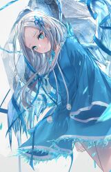 Rule 34 | 1girl, angel, angel wings, blue dress, blue eyes, blue ribbon, breasts, commentary, drawstring, dress, earrings, english commentary, expressionless, hair ribbon, highres, ice, ice wings, jewelry, long hair, long sleeves, looking at viewer, original, pom pom (clothes), ribbon, simple background, sleeves past fingers, sleeves past wrists, small breasts, solo, white background, white hair, wings, yoyopipa