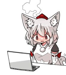Rule 34 | 1girl, animal ears, black shirt, blush, bow, collar, computer, detached sleeves, dot nose, embarrassed, hat, inubashiri momiji, jacket, kasuya baian, laptop, looking at viewer, medium hair, open mouth, pom pom (clothes), red bow, red eyes, red hat, ribbon-trimmed sleeves, ribbon trim, shirt, simple background, sitting, solo, tail, tail wagging, tokin hat, touhou, upper body, white background, white hair, white jacket, wolf ears, wolf girl, wolf tail