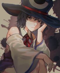 Rule 34 | 1other, androgynous, arm on knee, bare shoulders, black coat, black eyes, black hair, black hat, bow, bowtie, chinese commentary, closed mouth, coat, collar, collared coat, commentary request, detached sleeves, enraku tsubakura, eye of senri, eye on hat, frown, hand in own hair, hat, highres, ink splatter, len&#039;en, long sleeves, looking at viewer, purple trim, red bow, red bowtie, red hat, sdz (inazuma), short hair, sitting, sleeveless, sleeveless coat, solo, top hat, two-sided fabric, two-sided headwear, white background, white collar, white sleeves, wide sleeves