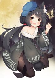 Rule 34 | 1girl, :d, animal ear fluff, animal ears, bare shoulders, black hair, black kimono, black pantyhose, black sleeves, blurry, bokeh, breasts, bug, butterfly, cat ears, cat girl, cleavage, collarbone, commentary, curled fingers, depth of field, fang, floral print, full body, full moon, glowing, hair between eyes, hand up, hat, highres, ichi (nuksun12), insect, japanese clothes, kimono, legs folded, long hair, long sleeves, looking at viewer, moon, off shoulder, open mouth, original, pantyhose, sitting, skin fang, smile, solo, twintails, wariza, wide sleeves, yellow eyes