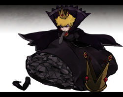 Rule 34 | 1girl, alternate costume, black dress, blonde hair, brooch, cape, crown, dress, earrings, elbow gloves, gloves, high collar, high heels, jewelry, looking at viewer, paper mario, paper mario: the thousand year door, princess peach, red eyes, shadow queen, short hair, solo, xxx135