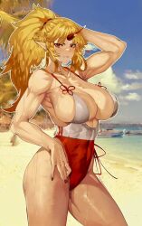 Rule 34 | 1girl, \||/, alternate costume, arm up, blonde hair, blurry, blurry background, breasts, closed mouth, cloud, commentary, contrapposto, covered navel, cowboy shot, day, earrings, english commentary, fingernails, high ponytail, highres, horns, hoshiguma yuugi, jewelry, large breasts, muscular, muscular female, nail polish, oni horns, outdoors, outline, pointy ears, red eyes, red nails, serious, sharp fingernails, single horn, sky, solo, tomatolover16, touhou, v-shaped eyebrows, white outline
