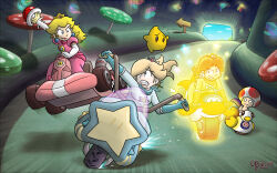 Rule 34 | 1boy, 3girls, annoyed, blue eyes, bodysuit, breasts, crown, dolphin (mario), dress, earrings, evil grin, evil smile, flower earrings, gloves, grin, hair over one eye, jewelry, kart, koopa shell, looking at another, luma (mario), mario (series), mario kart, mario kart wii, medium breasts, motor vehicle, motorcycle, multiple girls, mushroom, nintendo, pink dress, princess daisy, princess peach, racing, red shell (mario), rosalina, serious, shell, smile, smug, super star (mario), thebourgyman, toad (mario), tunnel, worried