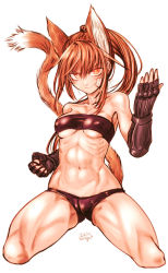 Rule 34 | 1girl, abs, animal ears, bandaid, bandaid on cheek, bandaid on face, bare shoulders, belt bra, black gloves, blush, breasts, bright pupils, cameltoe, cat ears, cat girl, cat tail, clenched hands, covered erect nipples, cropped legs, elbow gloves, fighting stance, fingerless gloves, fingernails, floating hair, fox ears, fox tail, gloves, highres, kotoba noriaki, legs apart, light blush, looking at viewer, medium breasts, micro panties, muscular, muscular female, navel, orange eyes, orange hair, original, panties, ponytail, simple background, smile, smug, solo, tail, toned, underwear, white background