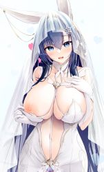 Rule 34 | 1girl, animal ears, azur lane, between breasts, blue eyes, blue hair, breasts, bridal veil, cleavage, clothes pull, clothing cutout, dress, dress pull, hand on own chest, happy, headdress, heart, highres, hukairi botan, large breasts, looking at viewer, navel, navel cutout, new jersey (azur lane), new jersey (snow-white ceremony) (azur lane), nipples, official alternate costume, rabbit ears, solo, veil, wedding dress