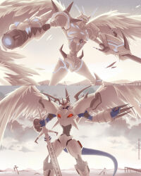 Rule 34 | cannon, digimoji, digimon, fusion, highres, imperialdramon, imperialdramon paladin mode, omegamon merciful mode, red eyes, spikes, sword, weapon, wings