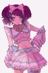 Rule 34 | 1girl, annoyed, bow, cowboy shot, detached sleeves, diagonal bangs, hair ornament, hand on own hip, highres, idol, idolmaster, idolmaster shiny colors, janjacajan, looking at viewer, navel, pouty lips, purple eyes, purple hair, short twintails, skirt, standing, tanaka mamimi, twintails