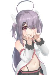 Rule 34 | 1girl, absurdres, ahoge, bad id, bad pixiv id, bare shoulders, black skirt, breasts, center opening, choker, commentary, detached sleeves, hair ornament, hairclip, hands up, highleg, highres, light purple hair, long hair, long sleeves, looking at viewer, marulire, miniskirt, navel, open mouth, red eyes, revealing clothes, shirt, simple background, skirt, small breasts, solo, stomach, two side up, upper body, very long hair, virtual youtuber, white background, white shirt, yumeno shiori, yumeno shiori channel