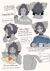 Rule 34 | + +, 1girl, ass, black hair, bob cut, breasts, character name, character sheet, cigarette, cup, detached collar, drinking glass, drooling, english text, fang, food, furry, furry female, grey background, grey fur, highres, large breasts, messy hair, omelet, omurice, open mouth, original, plate, profile, simple background, single bare shoulder, smoke, smoking, spoon, suima (sleepiness18), tasmanian devil ears, tasmanian devil girl, tasmanian devil tail