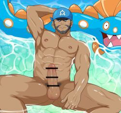Rule 34 | 1boy, abs, absurdres, archie (pokemon), arm up, armpits, bandana, bar censor, bara, beard, black eyes, blue bandana, blur censor, brown hair, censored, completely nude, creatures (company), dark-skinned male, dark skin, erection, facial hair, feet out of frame, game freak, gen 3 pokemon, highres, huntail, large pectorals, lying, male focus, male pubic hair, mature male, muscular, muscular male, navel, nintendo, nipples, nude, on back, paid reward available, partially submerged, pectorals, penis, pokemon, pokemon (creature), pokemon oras, pubic hair, short hair, solo focus, somindul, spread legs, stomach, thick thighs, thighs