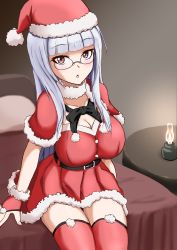 Rule 34 | 1girl, absurdres, bed, blue hair, blush, breasts, brown eyes, christmas, cleavage, glasses, hat, heidimarie w. schnaufer, highres, indoors, large breasts, long hair, looking at viewer, on bed, red thighhighs, santa costume, santa hat, solo, strike witches, t-8000, thighhighs, world witches series