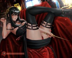 Rule 34 | 1girl, bare shoulders, black dress, black hair, black thighhighs, boots, breasts, cameltoe, cape, chair, collar, dagger, dress, earrings, flower, gold earrings, gold hairband, hair ornament, hairband, highres, holding, holding dagger, holding knife, holding weapon, indoors, jewelry, knife, large breasts, looking at viewer, lying, nail polish, nocturnosarts, on back, on chair, panties, parted lips, patreon logo, patreon username, red eyes, red nails, red panties, short hair with long locks, sidelocks, signature, sleeveless, sleeveless dress, spy x family, stiletto (weapon), thigh boots, thighhighs, thighs, two-sided cape, two-sided fabric, underwear, weapon, yor briar