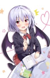 Rule 34 | 1girl, ^^^, absurdres, alternate costume, bat wings, black pantyhose, blazer, blue hair, blush, book, bow, bowtie, commentary request, eraser, highres, holding, holding pen, hyurasan, jacket, long sleeves, looking at viewer, no headwear, no shoes, open mouth, pantyhose, pen, red bow, red bowtie, red eyes, red skirt, remilia scarlet, shirt, skirt, solo, star (symbol), touhou, white shirt, wings