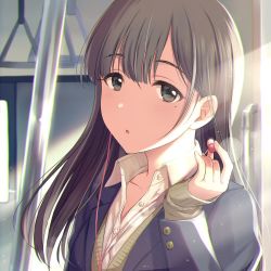 Rule 34 | 1girl, blue jacket, blush, brown eyes, brown hair, cardigan, collared shirt, commentary request, copyright request, earbuds, earphones, hand up, holding, jacket, light blush, long hair, long sleeves, looking at viewer, mole, mole under eye, parted lips, shirt, sleeves past wrists, solo, tsukana (saba mizore), upper body, white shirt, wing collar