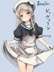Rule 34 | 1girl, akino shuu, beret, blue eyes, blue sailor collar, character name, closed mouth, clothes lift, commentary request, cowboy shot, dress, dress lift, gloves, grey background, grey hair, hat, javelin (kancolle), kantai collection, lifting own clothes, long hair, looking at viewer, puffy short sleeves, puffy sleeves, sailor collar, sailor dress, sailor hat, short sleeves, simple background, smile, solo, twitter username, white dress, white gloves, white hat