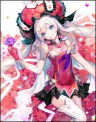Rule 34 | 1girl, azu-taro, bad id, bad pixiv id, black skirt, blue eyes, blush, boots, closed mouth, commentary request, dress, fate/grand order, fate (series), flower, frilled hat, frills, gem, gloves, hair between eyes, hat, head tilt, holding, holding flower, long hair, looking at viewer, marie antoinette (fate), purple flower, purple rose, red dress, red flower, red gloves, red hat, red rose, rose, silver hair, skirt, sleeveless, sleeveless dress, smile, solo, thigh boots, thighhighs, twintails, very long hair, white footwear, white thighhighs