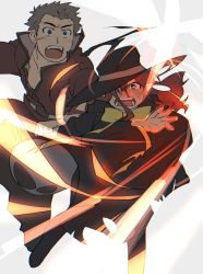 Rule 34 | 1boy, 1girl, bad id, bad pixiv id, black hair, blood, blood on face, blush, bow, brown hair, hat, magic, majo shuukai de aimashou, open mouth, original, outstretched arm, pointy ears, protecting, role reversal, sagami jon, scar, short hair, witch, witch hat