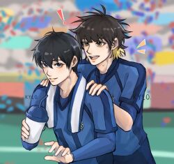 Rule 34 | !, 2boys, bachira meguru, black hair, blonde hair, blue eyes, blue lock, blue shirt, blurry, blurry background, commentary, cup, hands on another&#039;s shoulders, highres, holding, holding cup, isagi yoichi, kyllooelo, layered sleeves, long sleeves, looking at another, male focus, multiple boys, open mouth, shirt, short hair, short over long sleeves, short sleeves, smile, soccer uniform, sportswear, standing, sweat, yellow eyes