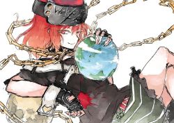 Rule 34 | 1girl, black gloves, black shirt, breasts, chain, earth (ornament), earth (planet), fingerless gloves, fujinohara akihira, gloves, gold chain, hecatia lapislazuli, looking at viewer, moon (ornament), off-shoulder shirt, off shoulder, one-hour drawing challenge, one eye closed, plaid, plaid skirt, planet, red eyes, red hair, shirt, simple background, skirt, solo, t-shirt, touhou, upper body, white background