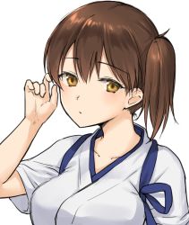 Rule 34 | 1girl, brown eyes, brown hair, collarbone, commentary request, expressionless, fukuroumori, highres, japanese clothes, kaga (kancolle), kantai collection, long hair, looking at viewer, side ponytail, simple background, solo, tasuki, upper body, white background