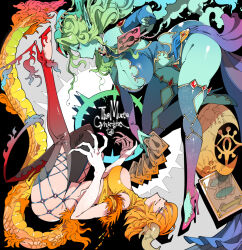 2girls blue_eyes blue_nails breasts cleavage colored_skin curved_horns dragon_horns dragon_tail fingernails full_body green_hair green_skin high_heels horns kafun large_breasts leg_up multiple_girls orange_hair original pink_eyes pink_nails profile sharp_fingernails skindentation tail thighhighs