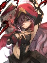 Rule 34 | 1girl, armpits, black gloves, book, breasts, cinderella (sinoalice), cleavage, closed mouth, dark-skinned female, dark skin, elbow gloves, eyepatch, gloves, hair over one eye, hand on own chest, hand up, long hair, looking at viewer, pink hair, purple eyes, purple hair, red hood, simple background, sinoalice, sleeveless, smile, teroru, torn clothes, torn gloves, white background